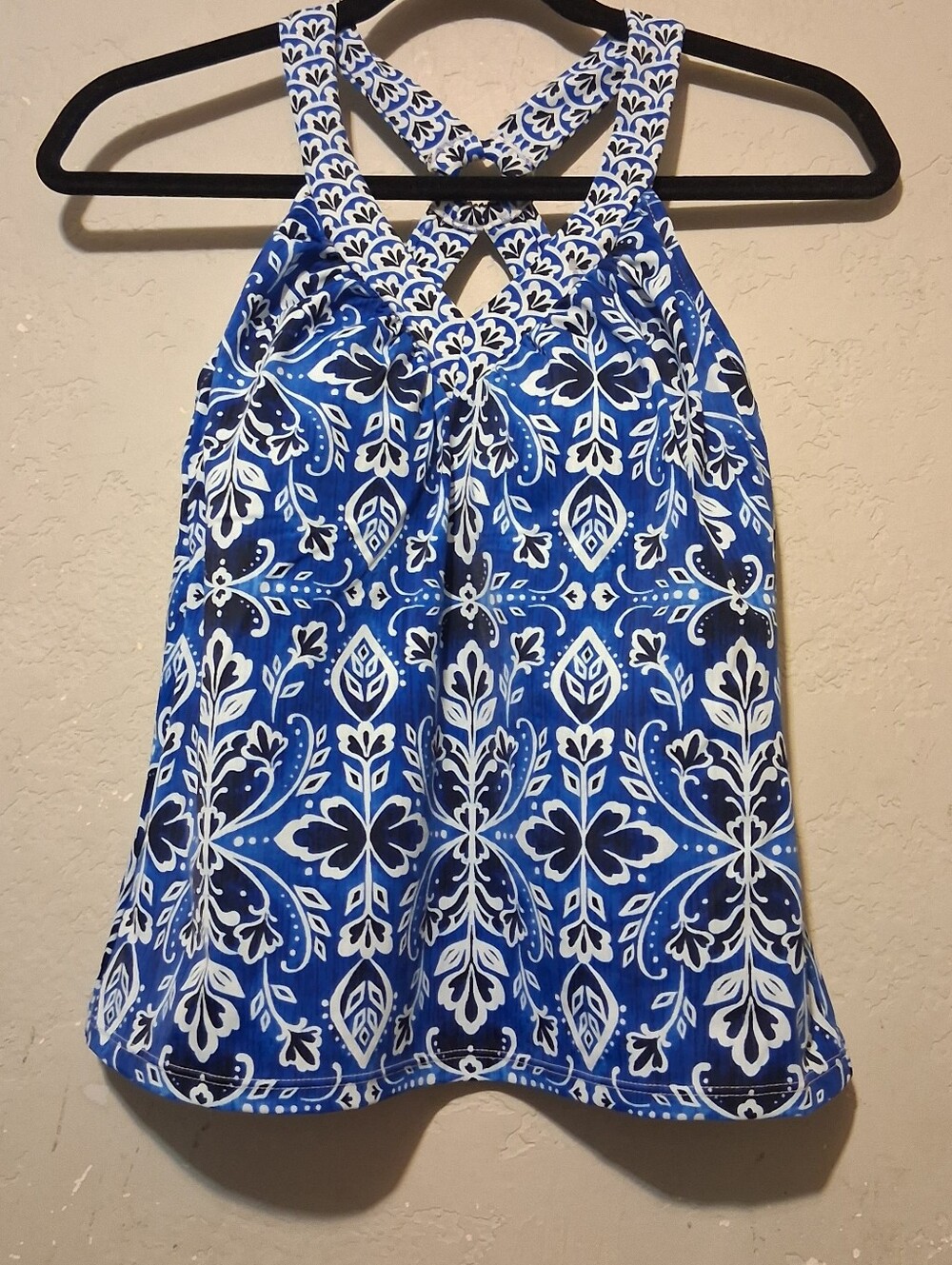 St. John's Bay Tankini Top Crosses Back Sz10 Navy/White Swim Bikini Pool Beach
